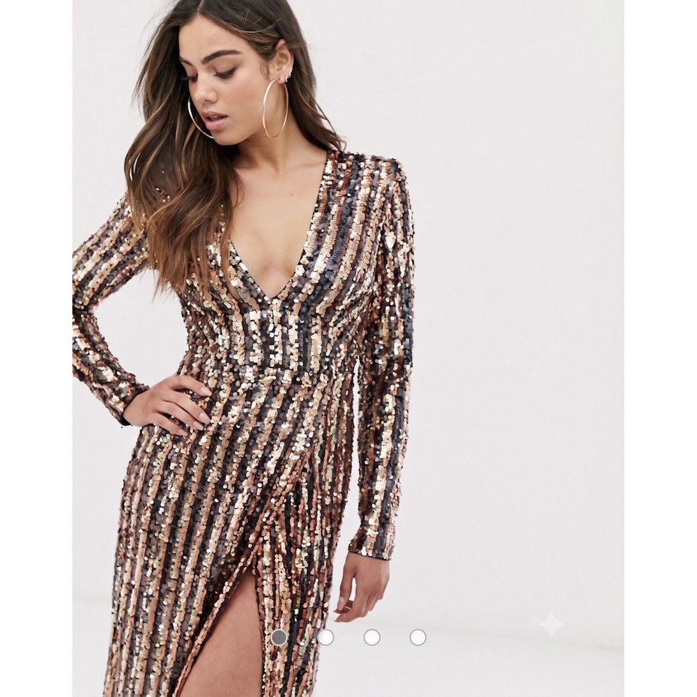 Club L London Sequin Maxi Dress Gold Copper Striped V-Neck Long Sleeve Slit Gown